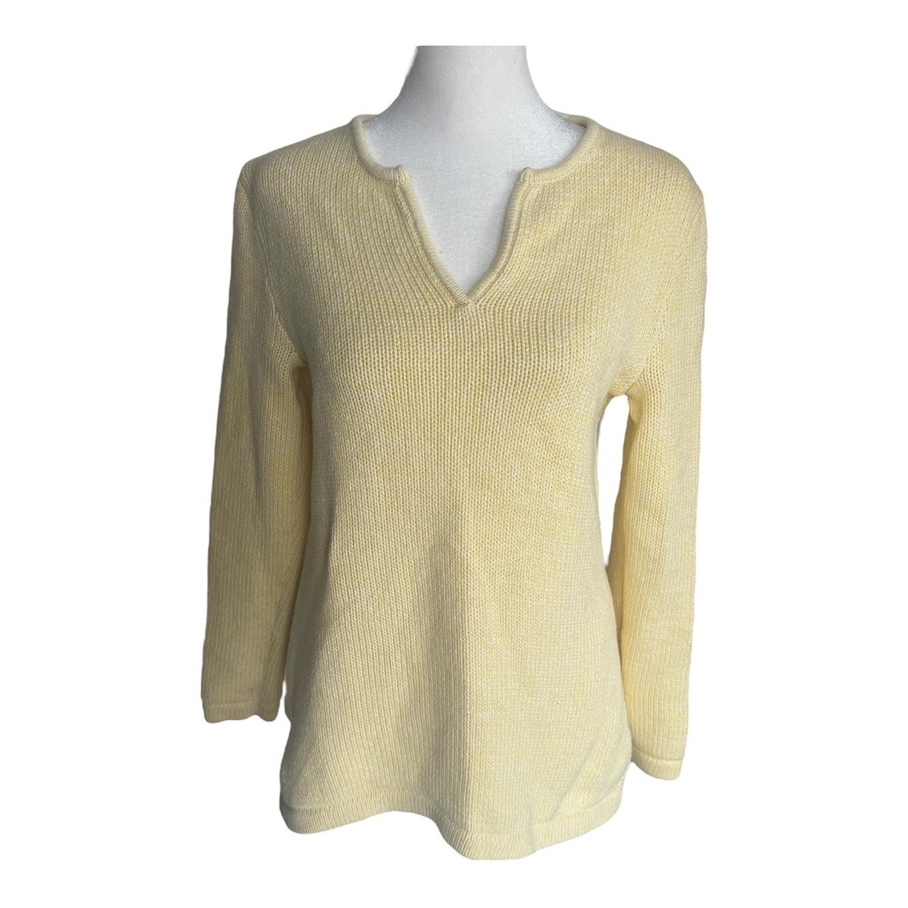 L.L. Bean Women's Small Cotton Notch‎ Neck Sweater Butter Yellow Heavy Knit
